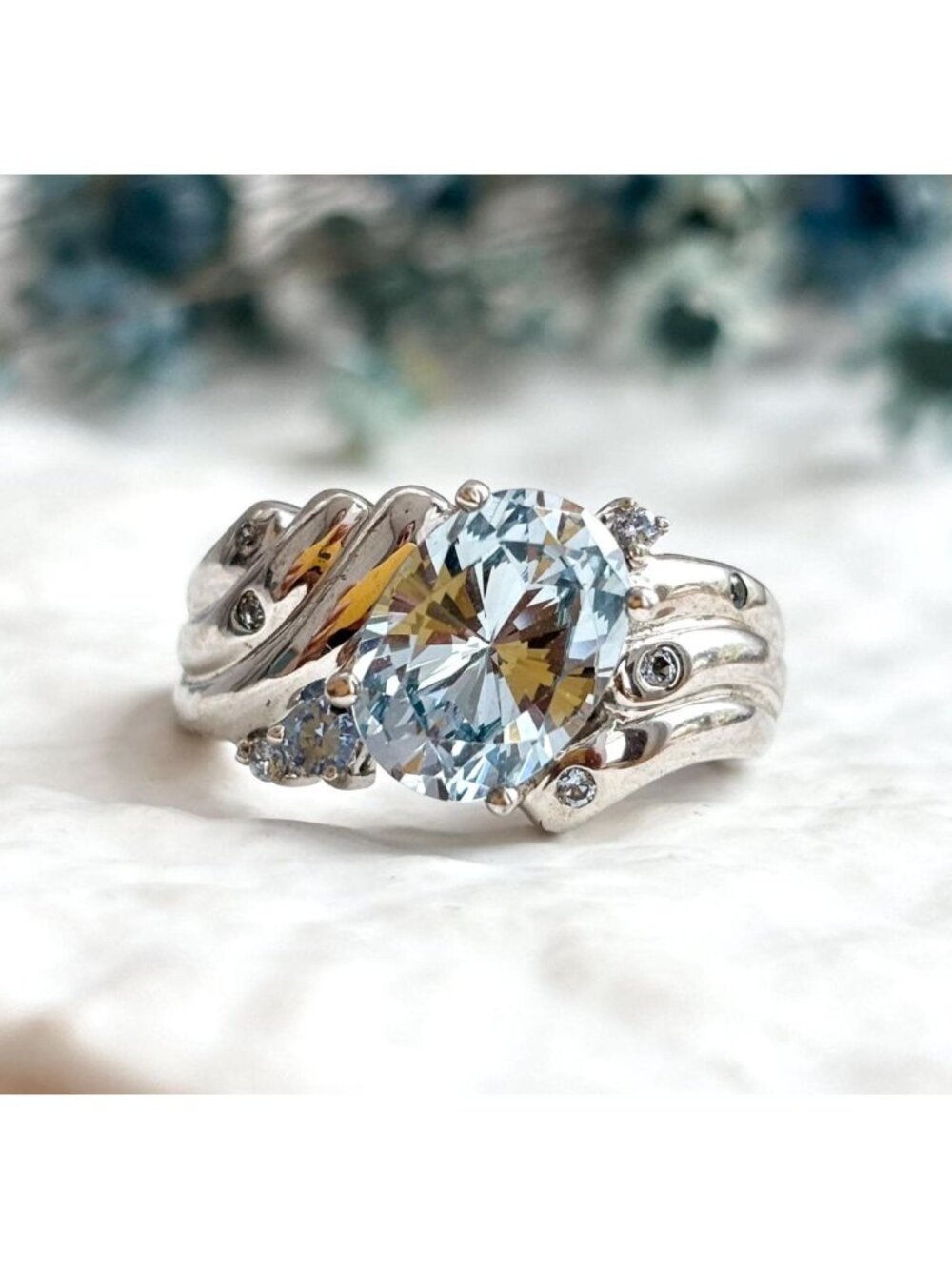 Blue Aquamarine Oval Gemstone Fluted Sterling Silver 925 Vintage Ring - sz 7